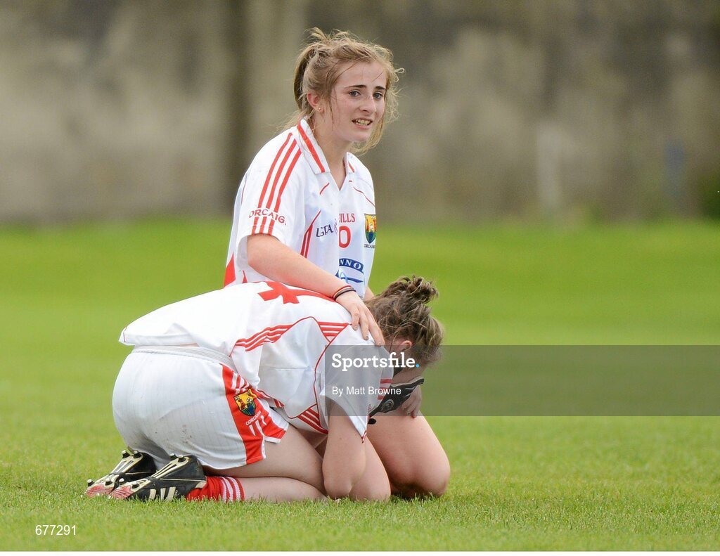 25 August 2012; Cork's Mairead Corkery,10, and Julie Dennehy after the final whistle. All Ireland U16 ‘A’ Championship Final, Cork v Galway, MacDonagh Park, Nenagh, Co. Tipperary. Picture credit: Matt Browne / SPORTSFILE