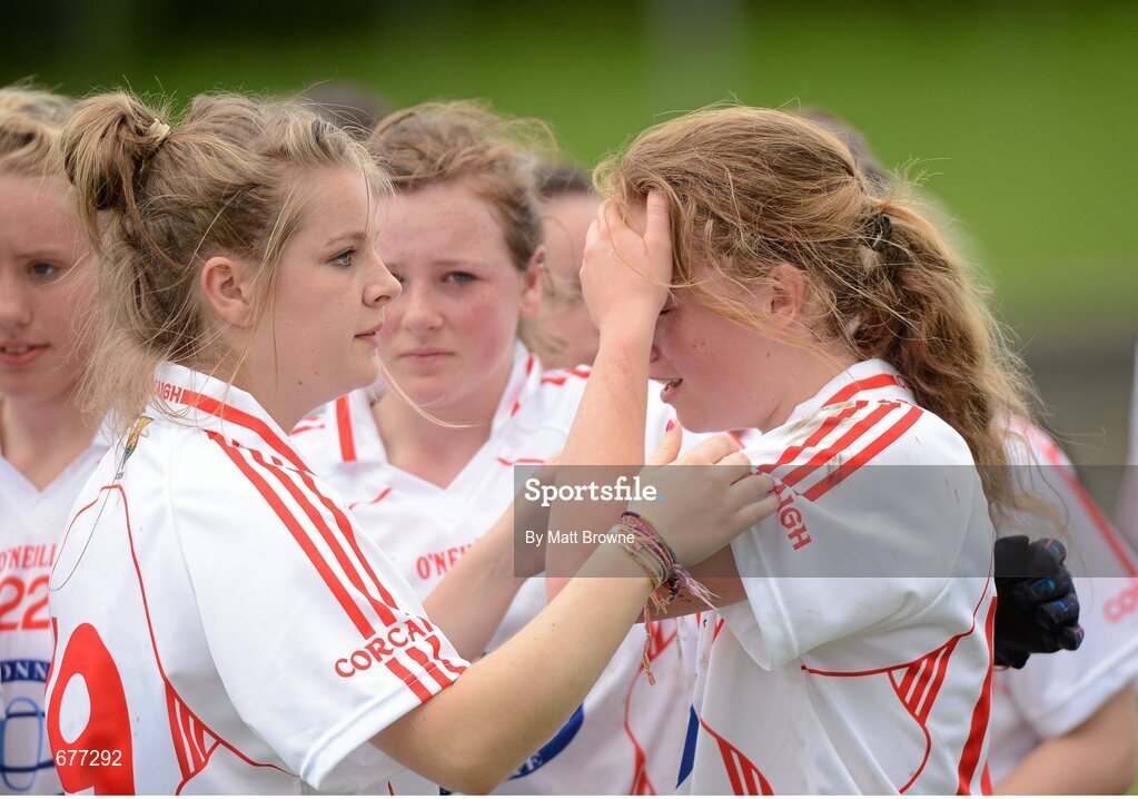 25 August 2012; Cork's Aisling Kelleher, left, and Ailbhe Dowling, right,  after the final whistle. All Ireland U16 ‘A’ Championship Final, Cork v Galway, MacDonagh Park, Nenagh, Co. Tipperary. Picture credit: Matt Browne / SPORTSFILE