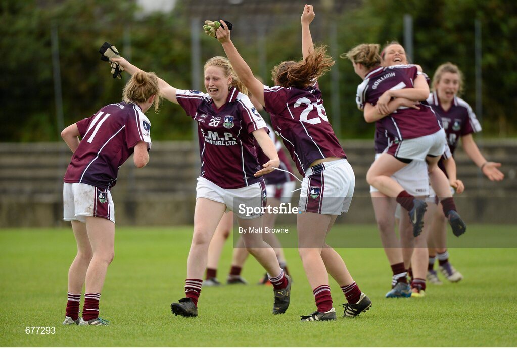 25 August 2012; Galway players, including Louise Ward, 11, Sarah Gormally, 20, and Ailbhe Mahoney, 26, celebrate after the final whistle. All Ireland U16 ‘A’ Championship Final, Cork v Galway, MacDonagh Park, Nenagh, Co. Tipperary. Picture credit: Matt Browne / SPORTSFILE