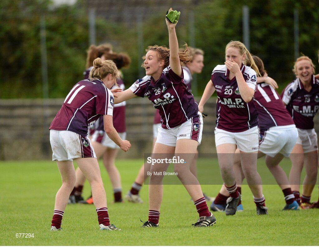 25 August 2012; Galway players, including Louise Ward, 11, Sarah Gormally, 20, and Ailbhe Mahoney, 26, celebrate after the final whistle. All Ireland U16 ‘A’ Championship Final, Cork v Galway, MacDonagh Park, Nenagh, Co. Tipperary. Picture credit: Matt Browne / SPORTSFILE