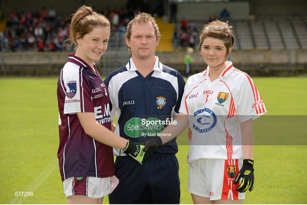 25 August 2012; Galway captain Eimile Gavin, left, and Cork captain Marie Ambrose shake hands infront of referee Garryowen McMahon before the start of the game. All Ireland U16 ‘A’ Championship Final, Cork v Galway, MacDonagh Park, Nenagh, Co. Tipperary. Picture credit: Matt Browne / SPORTSFILE
