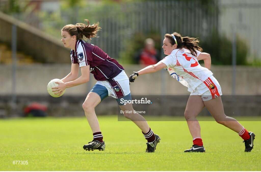 25 August 2012; Niamh Hanniffy, Galway, in action against Ciara O'Rourke, Cork. All Ireland U16 ‘A’ Championship Final, Cork v Galway, MacDonagh Park, Nenagh, Co. Tipperary. Picture credit: Matt Browne / SPORTSFILE