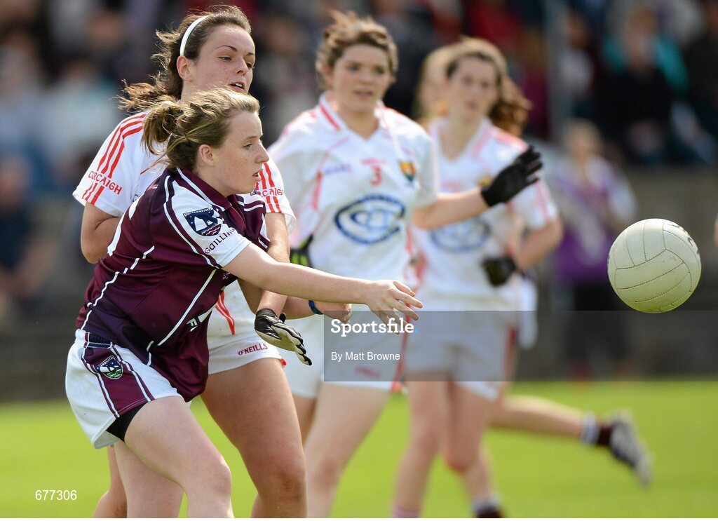 25 August 2012; Emma Reaney, Galway, in action against Ciara O'Rourke, Cork. All Ireland U16 ‘A’ Championship Final, Cork v Galway, MacDonagh Park, Nenagh, Co. Tipperary. Picture credit: Matt Browne / SPORTSFILE