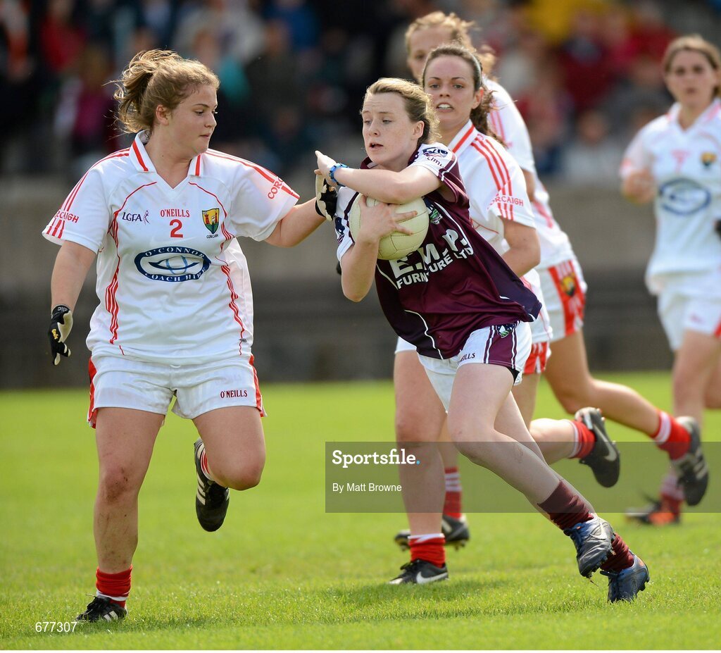 25 August 2012; Emma Reaney, Galway, in action against Elaine Carey, Cork. All Ireland U16 ‘A’ Championship Final, Cork v Galway, MacDonagh Park, Nenagh, Co. Tipperary. Picture credit: Matt Browne / SPORTSFILE