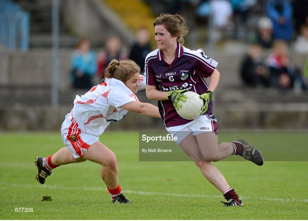 25 August 2012; Nicola Ward, Galway, in action against Elaine Carey, Cork. All Ireland U16 ‘A’ Championship Final, Cork v Galway, MacDonagh Park, Nenagh, Co. Tipperary. Picture credit: Matt Browne / SPORTSFILE