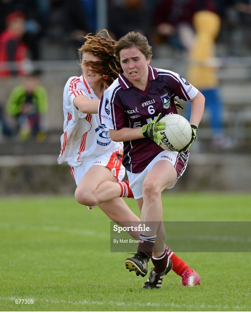 25 August 2012; Nicola Ward, Galway, in action against Eimear Meaney, Cork. All Ireland U16 ‘A’ Championship Final, Cork v Galway, MacDonagh Park, Nenagh, Co. Tipperary. Picture credit: Matt Browne / SPORTSFILE