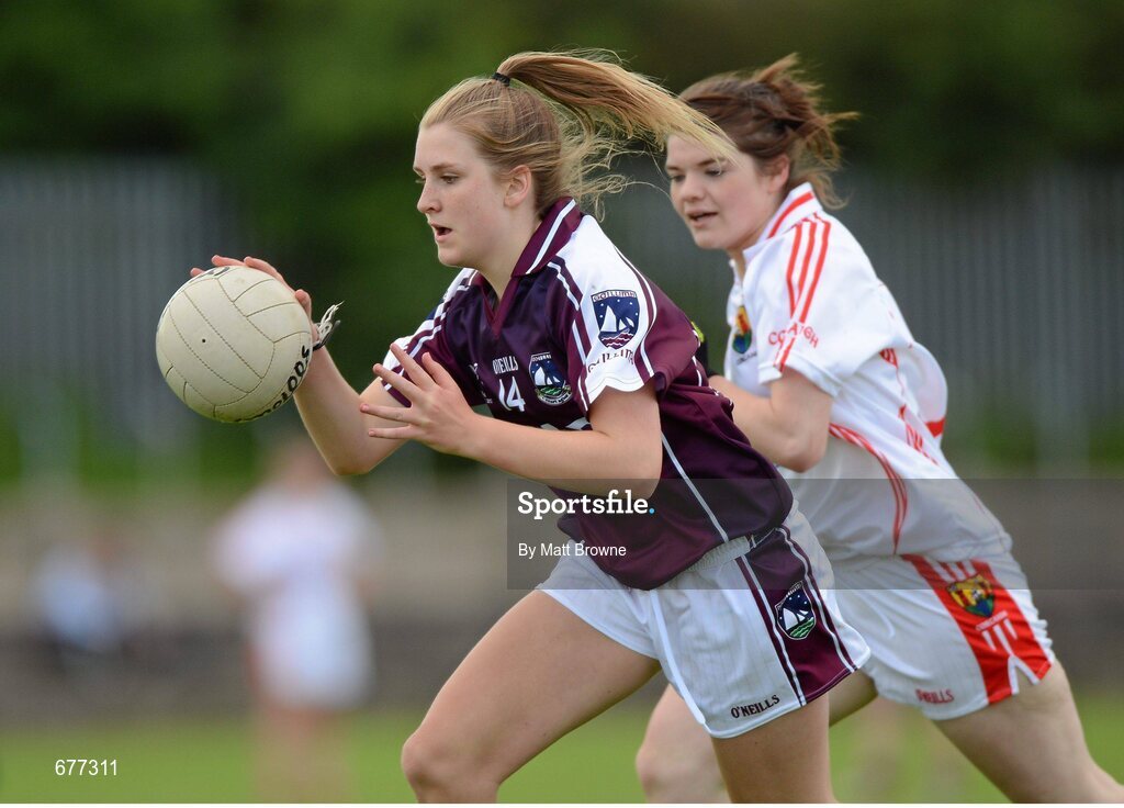 25 August 2012; Aoibhinn Joyce, Galway, in action against Marie Ambrose, Cork. All Ireland U16 ‘A’ Championship Final, Cork v Galway, MacDonagh Park, Nenagh, Co. Tipperary. Picture credit: Matt Browne / SPORTSFILE