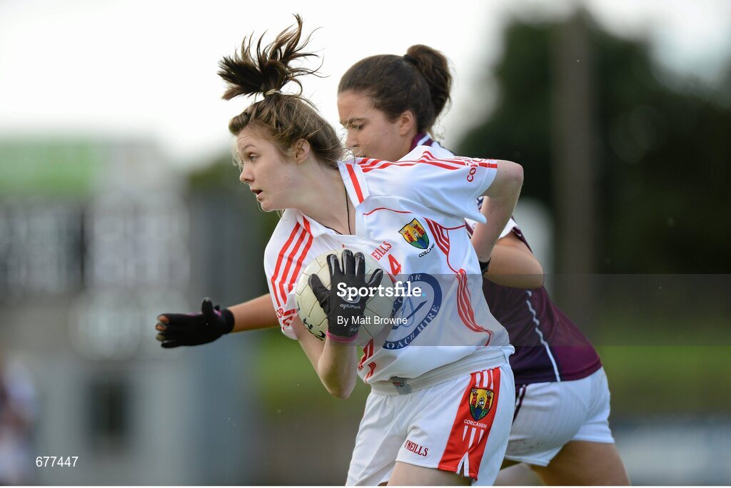 25 August 2012; Julie Dennehy, Cork, in action against Megan Heneghan, Galway. All Ireland U16 ‘A’ Championship Final, Cork v Galway, MacDonagh Park, Nenagh, Co. Tipperary. Picture credit: Matt Browne / SPORTSFILE