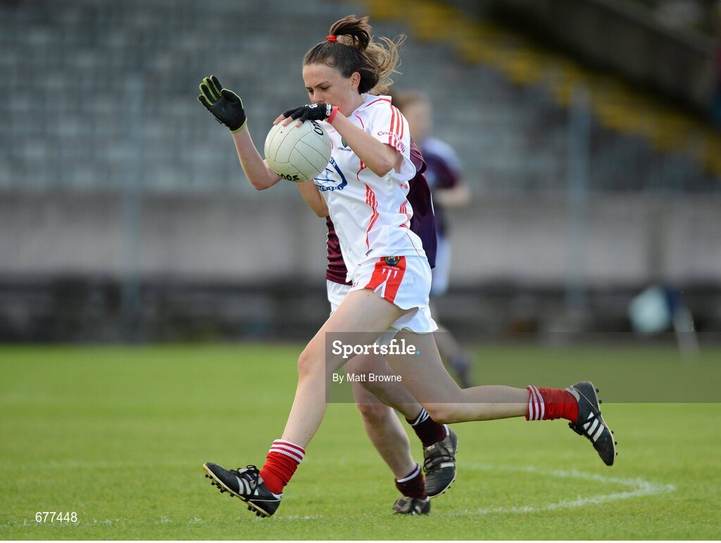 25 August 2012; Hannah Looney, Cork, in action against Nicola Ward, Galway. All Ireland U16 ‘A’ Championship Final, Cork v Galway, MacDonagh Park, Nenagh, Co. Tipperary. Picture credit: Matt Browne / SPORTSFILE