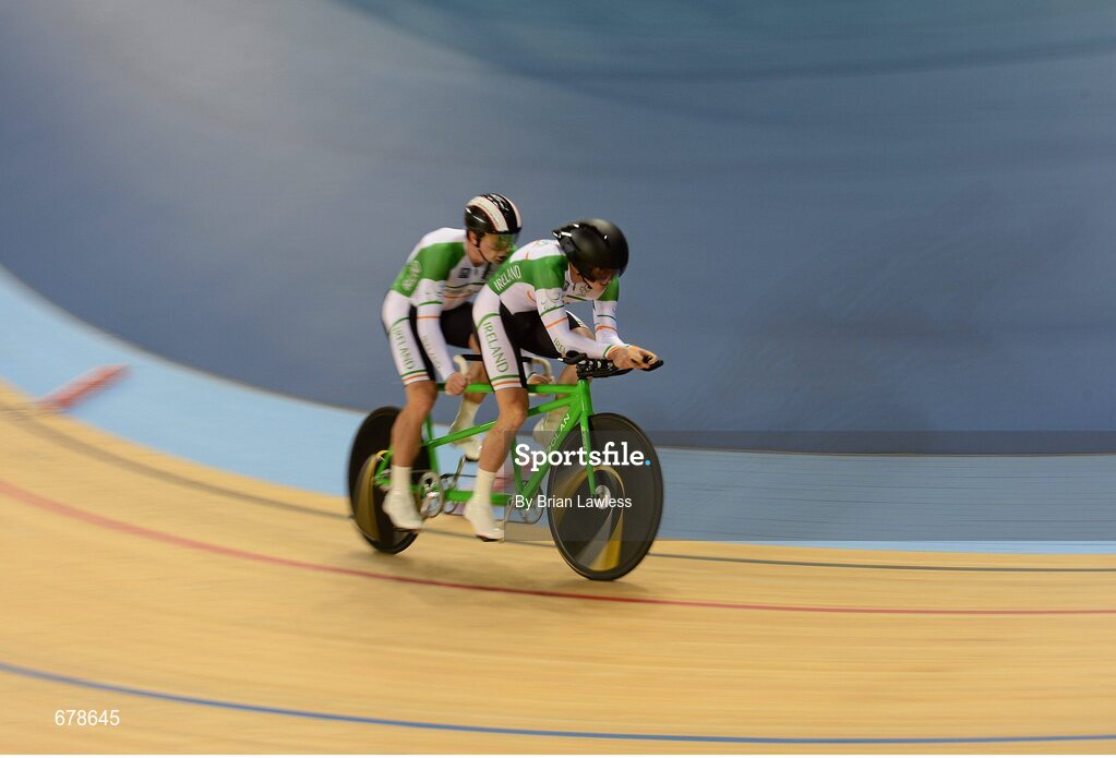 30 August 2012; Ireland's tandem pairing James Brown, from Stonehouse, England, left, and pilot Damien Shaw, from Mullingar, Co. Westmeath, compete in the qualifiying round of the men's individual B pursuit. The tandem pair finished in a time of 4:25.557 qualifying them for this afternoon's Bronze medal ride off. London 2012 Paralympic Games, Cycling, Velodrome, Olympic Park, Stratford, London, England. Picture credit: Brian Lawless / SPORTSFILE