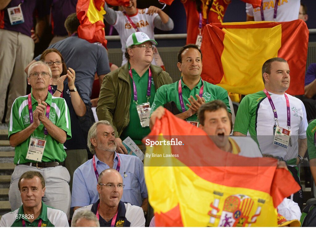 30 August 2012; John Treacy, Chief Executive of the Irish Sports Council, left, Kieran Mulvey, Chairman, Irish Sports Council, Minister for Transport, Tourism and Sport Leo Varadkar T.D., and CEO of Paralympics Ireland Liam Harbison, right, after the men's individual B pursuit bronze medal final. London 2012 Paralympic Games, Cycling, Velodrome, Olympic Park, Stratford, London, England. Picture credit: Brian Lawless / SPORTSFILE