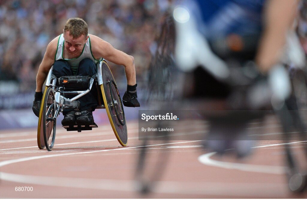 3 September 2012; Ireland's John McCarthy, from Dunmanway, Co. Cork, competes in the men's 100m - T51 final. London 2012 Paralympic Games, Athletics, Olympic Stadium, Olympic Park, Stratford, London, England. Picture credit: Brian Lawless / SPORTSFILE