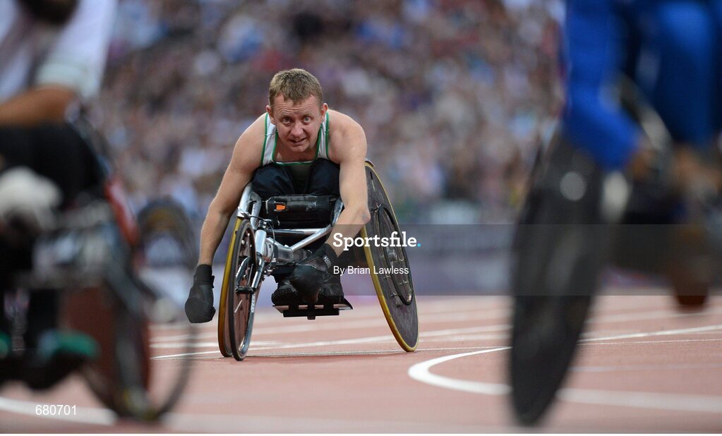 3 September 2012; Ireland's John McCarthy, from Dunmanway, Co. Cork, after the men's 100m - T51 final. London 2012 Paralympic Games, Athletics, Olympic Stadium, Olympic Park, Stratford, London, England. Picture credit: Brian Lawless / SPORTSFILE