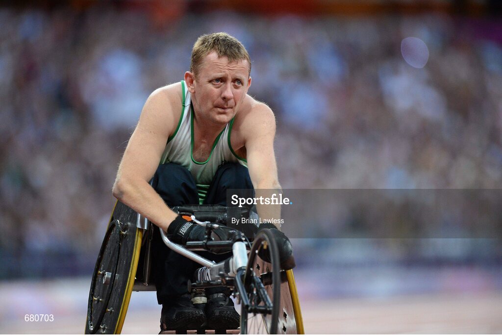 3 September 2012; Ireland's John McCarthy, from Dunmanway, Co. Cork, after the men's 100m - T51 final. London 2012 Paralympic Games, Athletics, Olympic Stadium, Olympic Park, Stratford, London, England. Picture credit: Brian Lawless / SPORTSFILE