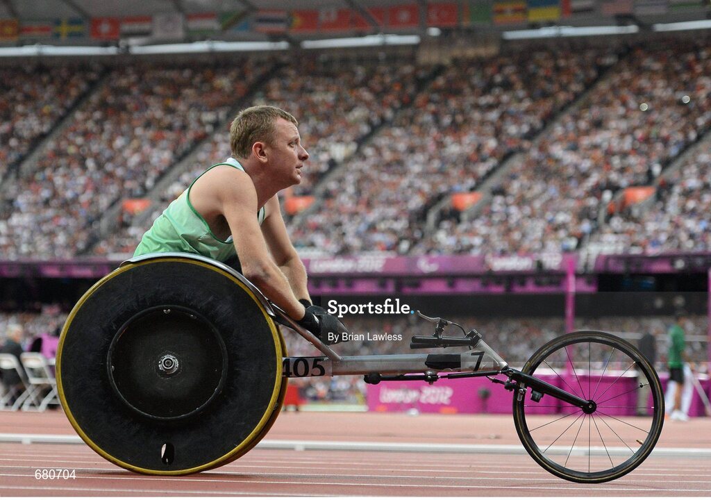 3 September 2012; Ireland's John McCarthy, from Dunmanway, Co. Cork, after the men's 100m - T51 final. London 2012 Paralympic Games, Athletics, Olympic Stadium, Olympic Park, Stratford, London, England. Picture credit: Brian Lawless / SPORTSFILE