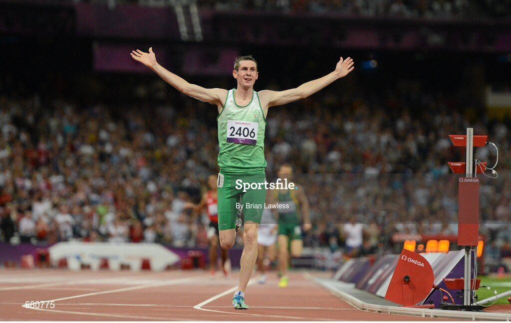 3 September 2012; Ireland's Michael McKillop, from Newtownabbey, Co. Antrim, crosses the line to win the men's 1500m - T37 final in a time of 4.08:11. London 2012 Paralympic Games, Athletics, Olympic Stadium, Olympic Park, Stratford, London, England. Picture credit: Brian Lawless / SPORTSFILE
