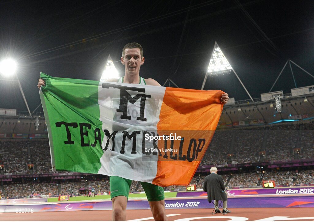 3 September 2012; Ireland's Michael McKillop, from Newtownabbey, Co. Antrim, celebrates after winning the men's 1500m - T37 final in a time of 4.08:11. London 2012 Paralympic Games, Athletics, Olympic Stadium, Olympic Park, Stratford, London, England. Picture credit: Brian Lawless / SPORTSFILE