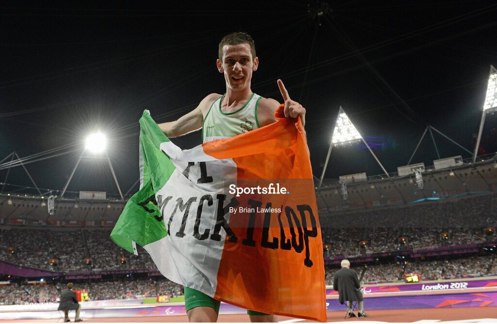 3 September 2012; Ireland's Michael McKillop, from Newtownabbey, Co. Antrim, celebrates after winning the men's 1500m - T37 final in a time of 4.08:11. London 2012 Paralympic Games, Athletics, Olympic Stadium, Olympic Park, Stratford, London, England. Picture credit: Brian Lawless / SPORTSFILE