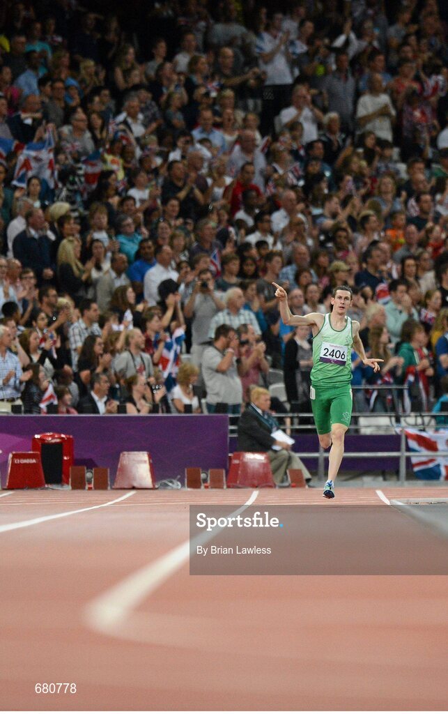 3 September 2012; Ireland's Michael McKillop, from Newtownabbey, Co. Antrim, celebrates as he approaches the finish line to win the men's 1500m - T37 final in a time of 4.08:11. London 2012 Paralympic Games, Athletics, Olympic Stadium, Olympic Park, Stratford, London, England. Picture credit: Brian Lawless / SPORTSFILE
