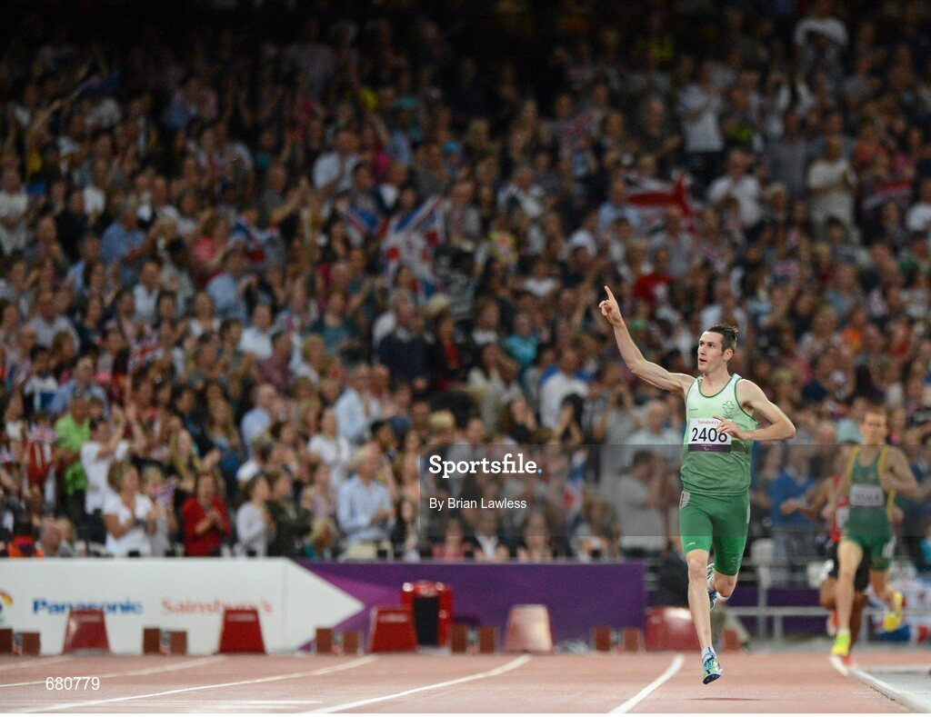 3 September 2012; Ireland's Michael McKillop, from Newtownabbey, Co. Antrim, celebrates as he approaches the finish line to win the men's 1500m - T37 final in a time of 4.08:11. London 2012 Paralympic Games, Athletics, Olympic Stadium, Olympic Park, Stratford, London, England. Picture credit: Brian Lawless / SPORTSFILE