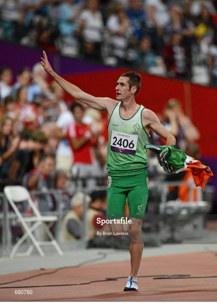 3 September 2012; Ireland's Michael McKillop, from Newtownabbey, Co. Antrim, celebrates after winning the men's 1500m - T37 final in a time of 4.08:11. London 2012 Paralympic Games, Athletics, Olympic Stadium, Olympic Park, Stratford, London, England. Picture credit: Brian Lawless / SPORTSFILE