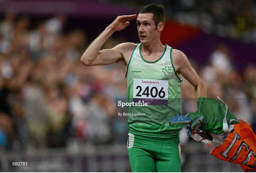 3 September 2012; Ireland's Michael McKillop, from Newtownabbey, Co. Antrim, celebrates after winning the men's 1500m - T37 final in a time of 4.08:11. London 2012 Paralympic Games, Athletics, Olympic Stadium, Olympic Park, Stratford, London, England. Picture credit: Brian Lawless / SPORTSFILE