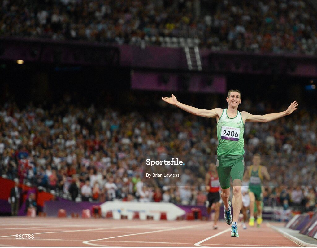 3 September 2012; Ireland's Michael McKillop, from Newtownabbey, Co. Antrim, celebrates as he approaches the finish line to win the men's 1500m - T37 final in a time of 4.08:11. London 2012 Paralympic Games, Athletics, Olympic Stadium, Olympic Park, Stratford, London, England. Picture credit: Brian Lawless / SPORTSFILE