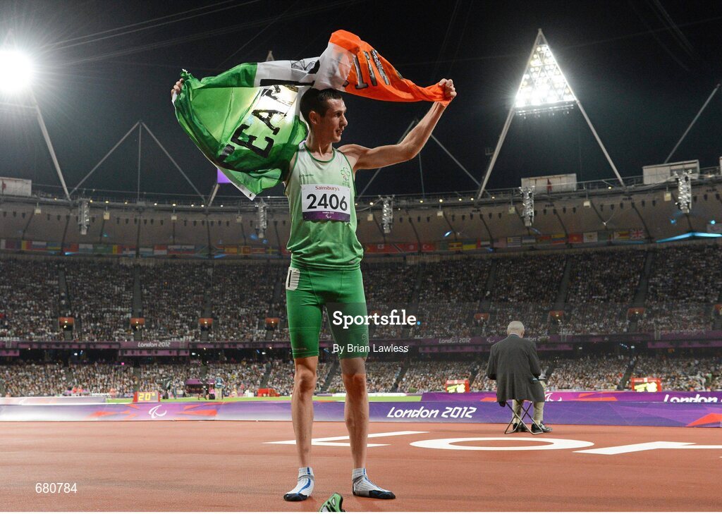 3 September 2012; Ireland's Michael McKillop, from Newtownabbey, Co. Antrim, celebrates after winning the men's 1500m - T37 final in a time of 4.08:11. London 2012 Paralympic Games, Athletics, Olympic Stadium, Olympic Park, Stratford, London, England. Picture credit: Brian Lawless / SPORTSFILE