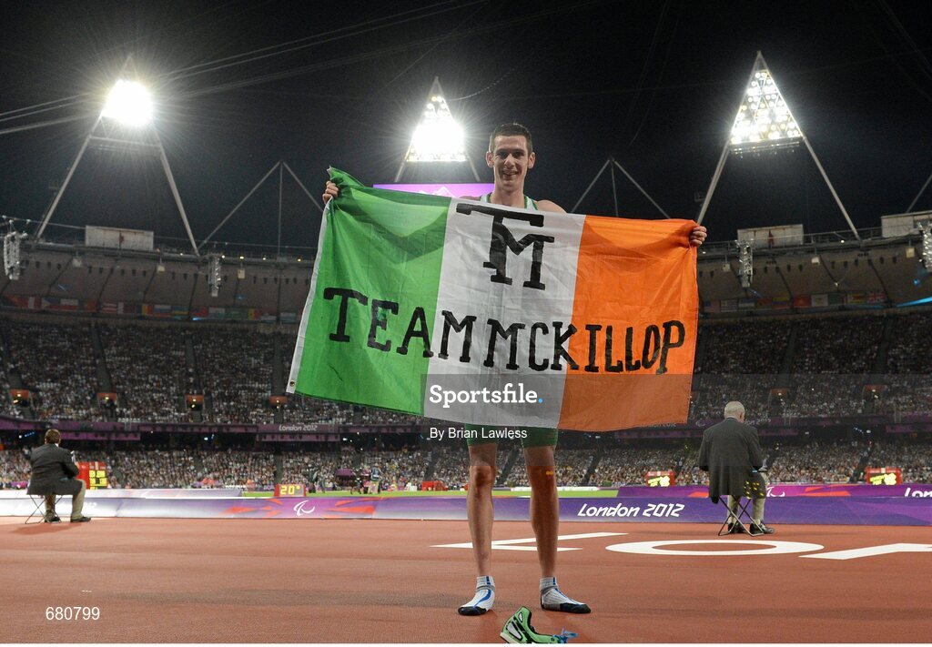 3 September 2012; Ireland's Michael McKillop, from Newtownabbey, Co. Antrim, celebrates after winning the men's 1500m - T37 final in a time of 4.08:11. London 2012 Paralympic Games, Athletics, Olympic Stadium, Olympic Park, Stratford, London, England. Picture credit: Brian Lawless / SPORTSFILE