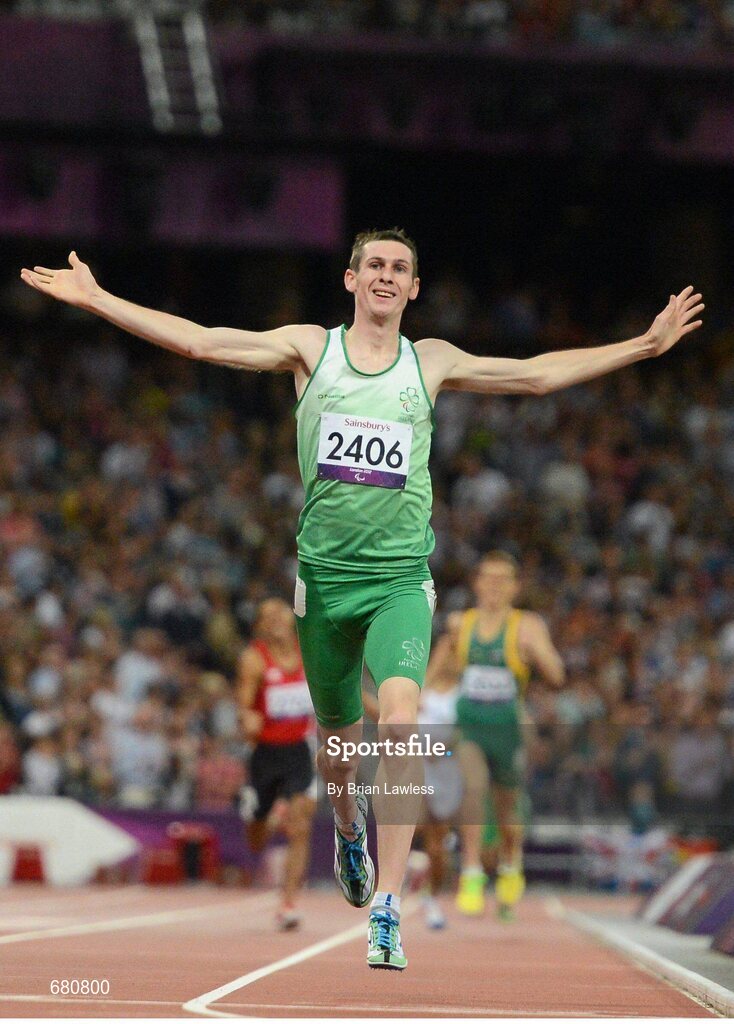 3 September 2012; Ireland's Michael McKillop, from Newtownabbey, Co. Antrim, celebrates as he approaches the finish line to win the men's 1500m - T37 final in a time of 4.08:11. London 2012 Paralympic Games, Athletics, Olympic Stadium, Olympic Park, Stratford, London, England. Picture credit: Brian Lawless / SPORTSFILE