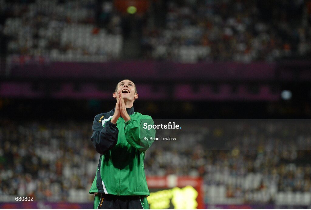 3 September 2012; Ireland's Michael McKillop, from Newtownabbey, Co. Antrim, reacts after it was announced that his mother Catherine would present him with his gold medal after he won the men's 1500m - T37 final in a time of 4.08:11. London 2012 Paralympic Games, Athletics, Olympic Stadium, Olympic Park, Stratford, London, England. Picture credit: Brian Lawless / SPORTSFILE