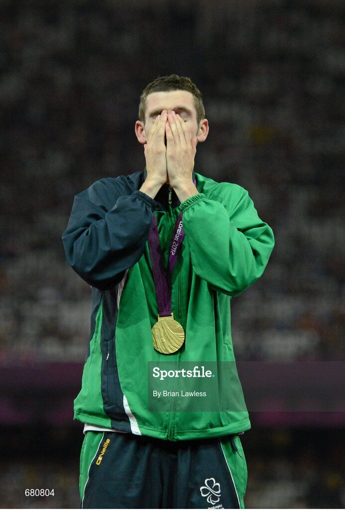 3 September 2012; Ireland's Michael McKillop, from Newtownabbey, Co. Antrim, celebrates after he was presented with his gold medal, following his victory in the men's 1500m - T37 final in a time of 4.08:11. London 2012 Paralympic Games, Athletics, Olympic Stadium, Olympic Park, Stratford, London, England. Picture credit: Brian Lawless / SPORTSFILE
