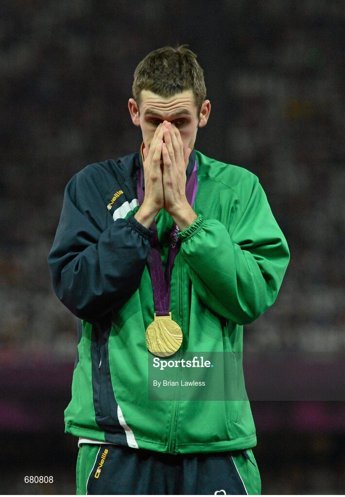 3 September 2012; Ireland's Michael McKillop, from Newtownabbey, Co. Antrim, celebrates after he was presented with his gold medal, following his victory in the men's 1500m - T37 final in a time of 4.08:11. London 2012 Paralympic Games, Athletics, Olympic Stadium, Olympic Park, Stratford, London, England. Picture credit: Brian Lawless / SPORTSFILE