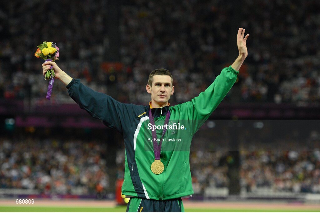 3 September 2012; Ireland's Michael McKillop, from Newtownabbey, Co. Antrim, celebrates after he was presented with his gold medal, following his victory in the men's 1500m - T37 final in a time of 4.08:11. London 2012 Paralympic Games, Athletics, Olympic Stadium, Olympic Park, Stratford, London, England. Picture credit: Brian Lawless / SPORTSFILE