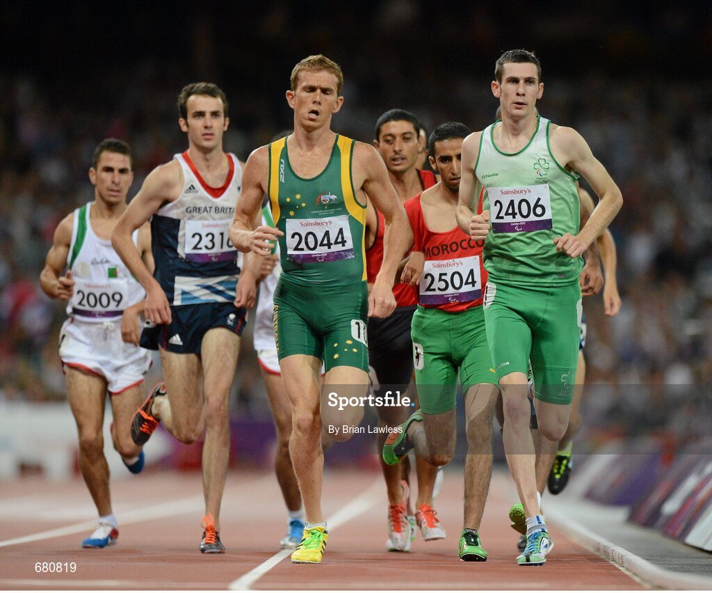 3 September 2012; Ireland's Michael McKillop, from Newtownabbey, Co. Antrim, right, leads the field on his way to winning the men's 1500m - T37 final in a time of 4.08:11. London 2012 Paralympic Games, Athletics, Olympic Stadium, Olympic Park, Stratford, London, England. Picture credit: Brian Lawless / SPORTSFILE
