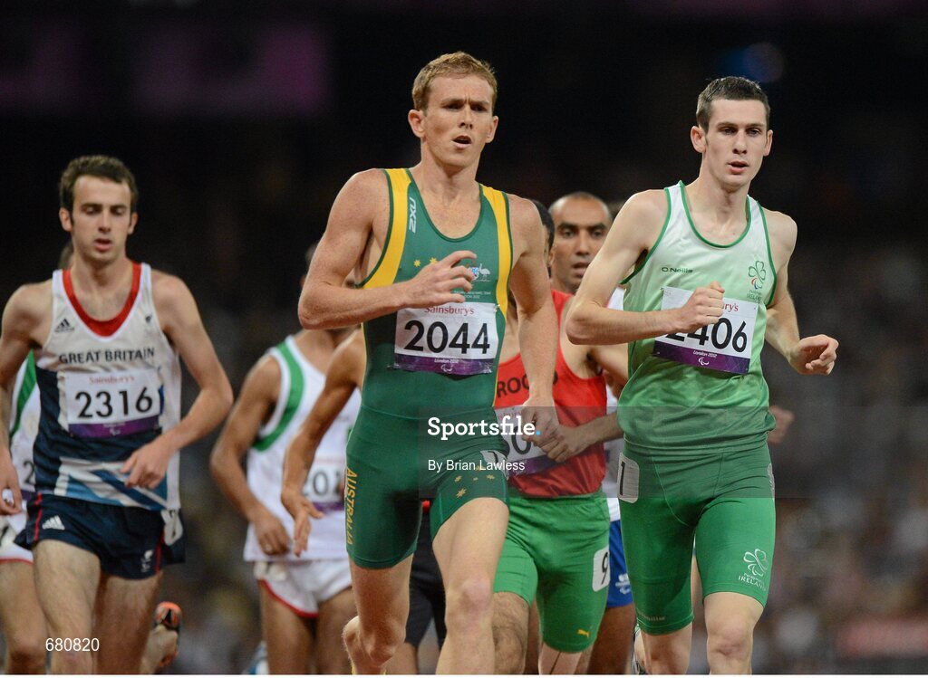 3 September 2012; Ireland's Michael McKillop, from Newtownabbey, Co. Antrim, right, leads the field on his way to winning the men's 1500m - T37 final in a time of 4.08:11. London 2012 Paralympic Games, Athletics, Olympic Stadium, Olympic Park, Stratford, London, England. Picture credit: Brian Lawless / SPORTSFILE