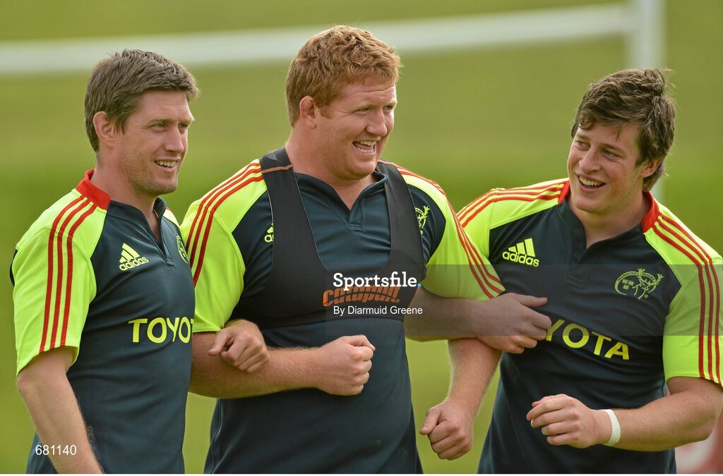 5 September 2012; Munster's Ronan O'Gara, left, Stephen Archer, centre, and Barry O'Mahony during a warm-up exercise at squad training ahead of their Celtic League, Round 2, match against Benetton Treviso on Friday. Munster Rugby Squad Training, University of Limerick, Limerick. Picture credit: Diarmuid Greene / SPORTSFILE