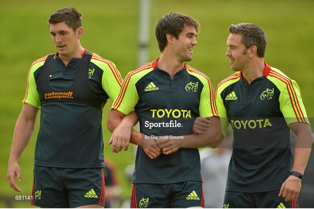 5 September 2012; Munster's James Downey, left, Conor Murray, centre, and Niall Ronan during a warm-up exercise at squad training ahead of their Celtic League, Round 2, match against Benetton Treviso on Friday. Munster Rugby Squad Training, University of Limerick, Limerick. Picture credit: Diarmuid Greene / SPORTSFILE