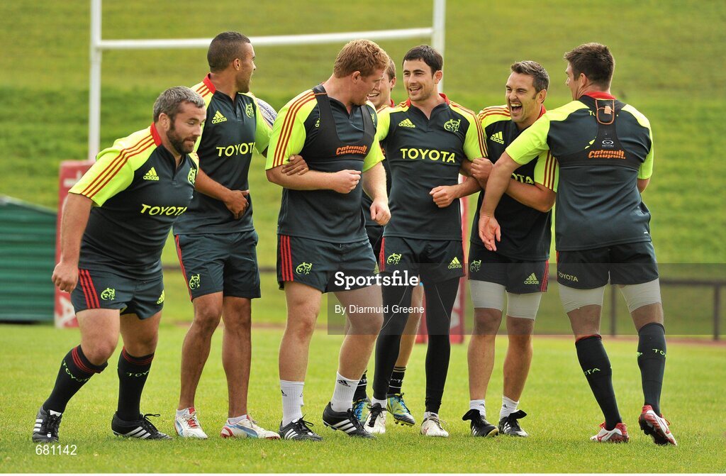 5 September 2012; Munster players, from left to right, Christy Condon, Simon Zebo, Stephen Archer, Felix Jones, Niall Ronan, and Billy Holland during a warm-up exercise at squad training ahead of their Celtic League, Round 2, match against Benetton Treviso on Friday. Munster Rugby Squad Training, University of Limerick, Limerick. Picture credit: Diarmuid Greene / SPORTSFILE