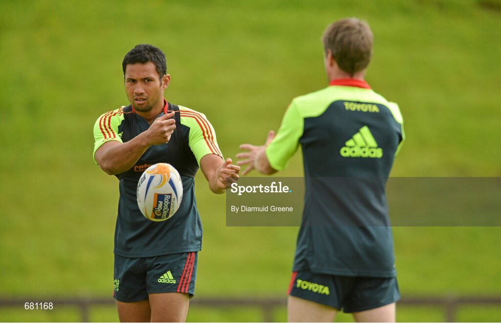 5 September 2012; Munster's Casey Laulala and Ronan O'Gara during squad training ahead of their Celtic League, Round 2, match against Benetton Treviso on Friday. Munster Rugby Squad Training, University of Limerick, Limerick. Picture credit: Diarmuid Greene / SPORTSFILE