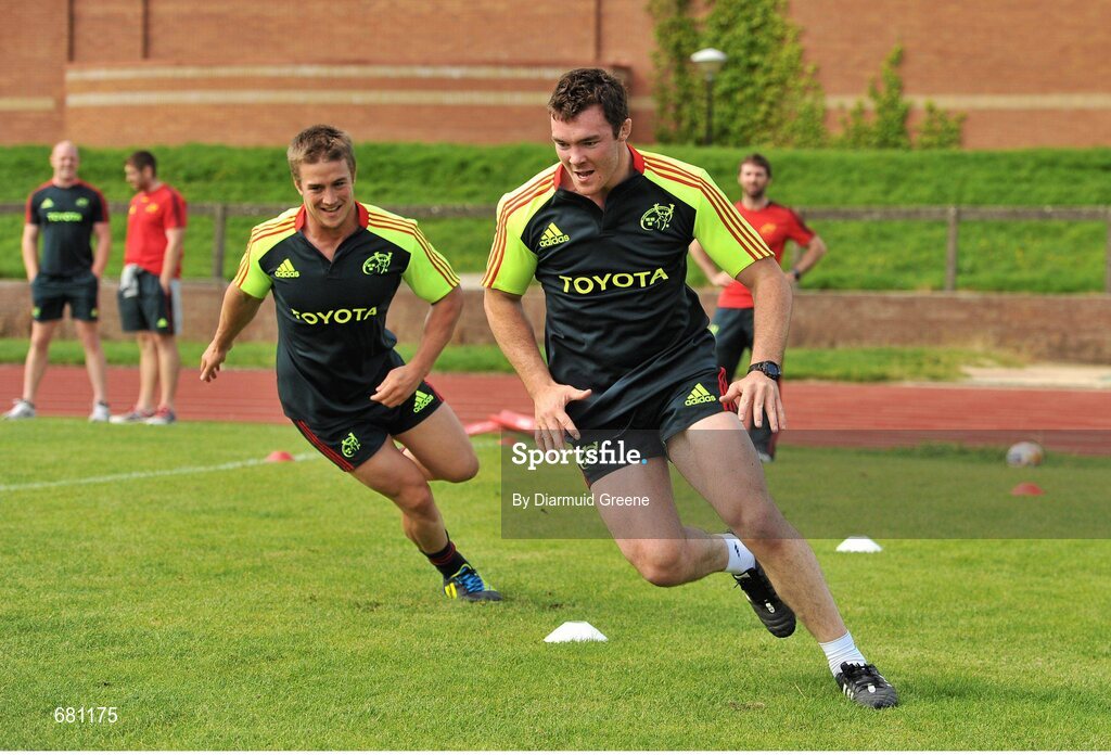 5 September 2012; Munster's Peter O'Mahony and Troy Smith, left, train separate to team-mates during squad training ahead of their Celtic League, Round 2, match against Benetton Treviso on Friday. Munster Rugby Squad Training, University of Limerick, Limerick. Picture credit: Diarmuid Greene / SPORTSFILE