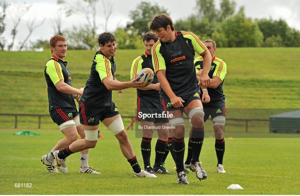 5 September 2012; Munster players, from left to right, Sean Dougall, Dave O'Callaghan, Damien Varley, Donncha O'Callaghan and Tommy O'Donnell during a warm-up exercise at squad training ahead of their Celtic League, Round 2, match against Benetton Treviso on Friday. Munster Rugby Squad Training, University of Limerick, Limerick. Picture credit: Diarmuid Greene / SPORTSFILE