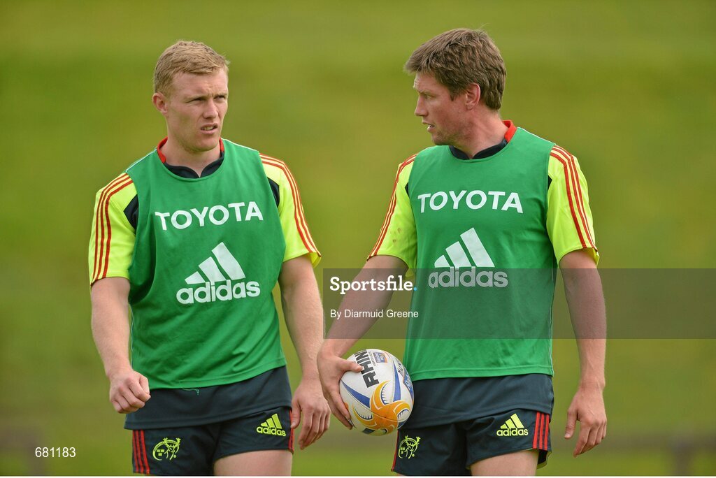 5 September 2012; Munster's Keith Earls, left, and Ronan O'Gara in conversation squad training ahead of their Celtic League, Round 2, match against Benetton Treviso on Friday. Munster Rugby Squad Training, University of Limerick, Limerick. Picture credit: Diarmuid Greene / SPORTSFILE