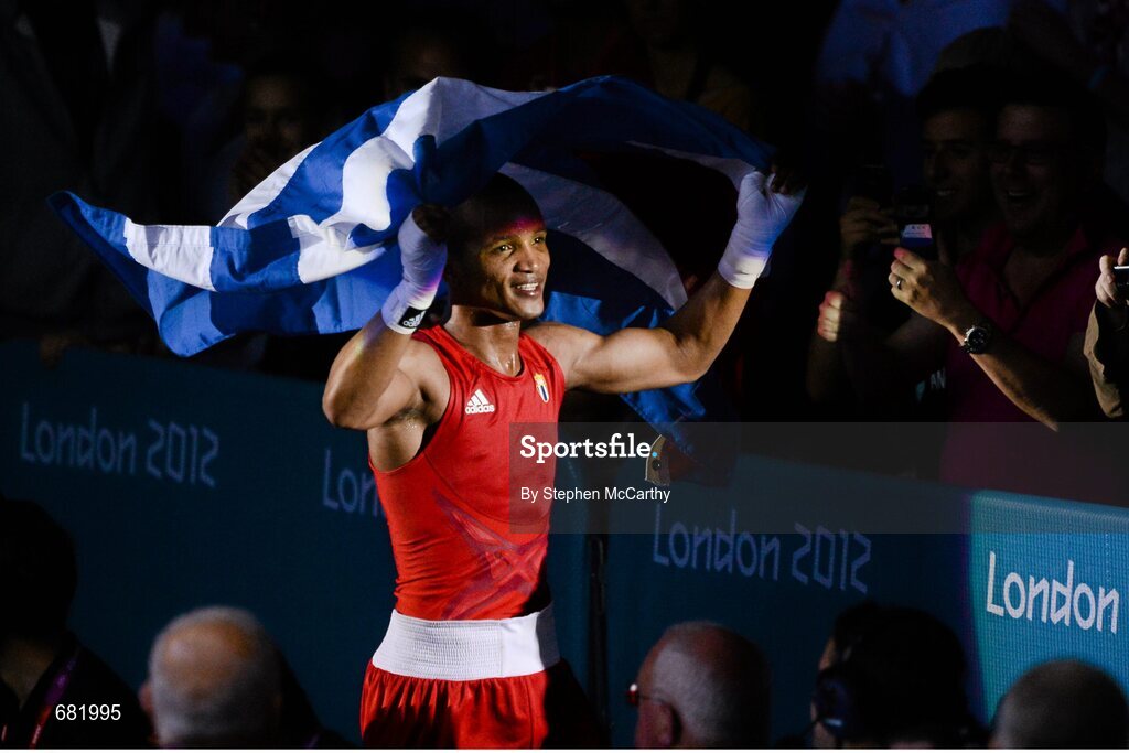 11 August 2012; Roniel Iglesias Sotolongo, Cuba, celebrates after beating Denys Berinchyk, Ukraine, in their men's light welter 64kg final. London 2012 Olympic Games, Boxing, South Arena 2, ExCeL Arena, Royal Victoria Dock, London, England. Picture credit: Stephen McCarthy / SPORTSFILE