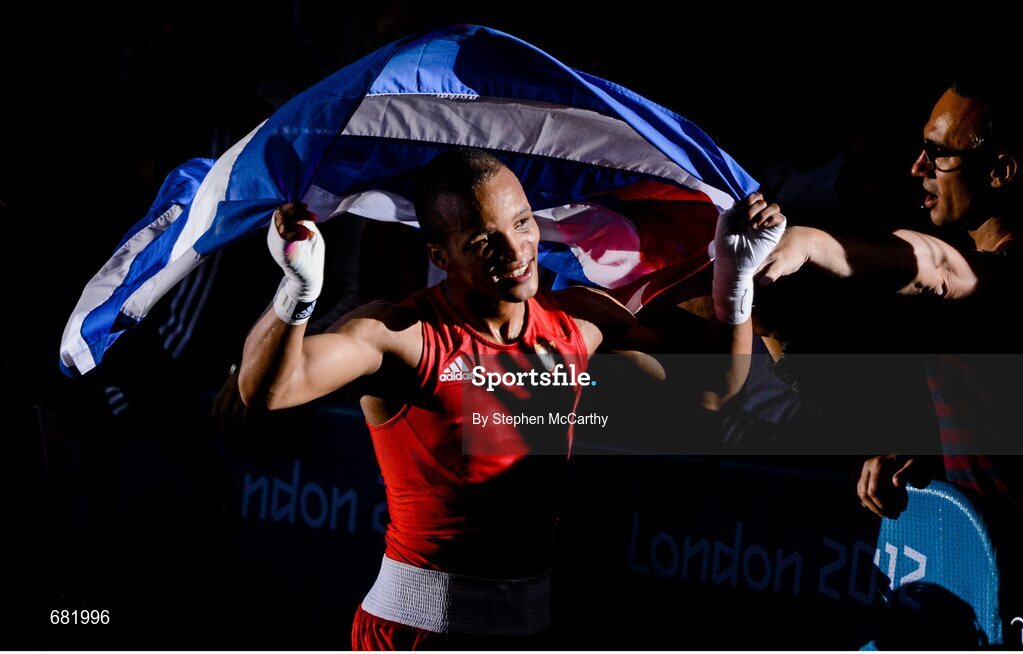 11 August 2012; Roniel Iglesias Sotolongo, Cuba, celebrates after beating Denys Berinchyk, Ukraine, in their men's light welter 64kg final. London 2012 Olympic Games, Boxing, South Arena 2, ExCeL Arena, Royal Victoria Dock, London, England. Picture credit: Stephen McCarthy / SPORTSFILE