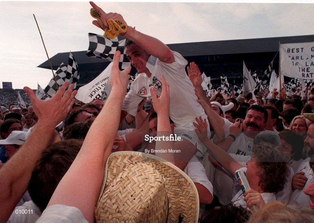 30 August 1998; Kildare's Brian Lacey is held shoulder high after the final whistle of the Bank of Ireland All-Ireland Senior Football Championship Semi-Final match between Kildare and Kerry at Croke Park in Dublin. Photo by Brendan Moran/Sportsfile