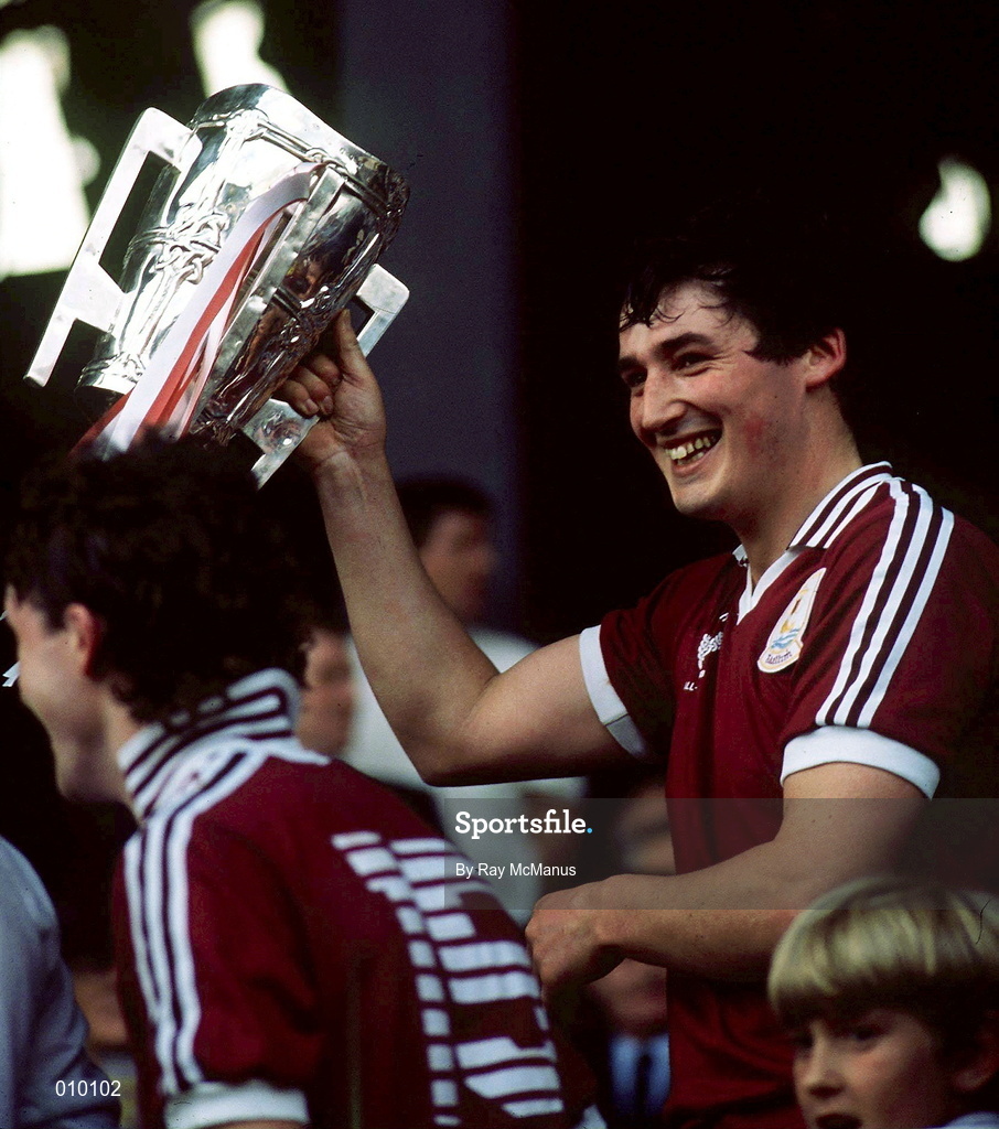 4 September 1988; Conor Hayes of Galway lifts The Liam MacCarthy Cup following the All-Ireland Senior Hurling Championship Final match between Galway and Tipperary at Croke Park in Dublin. Photo by Ray McManus/Sportsfile