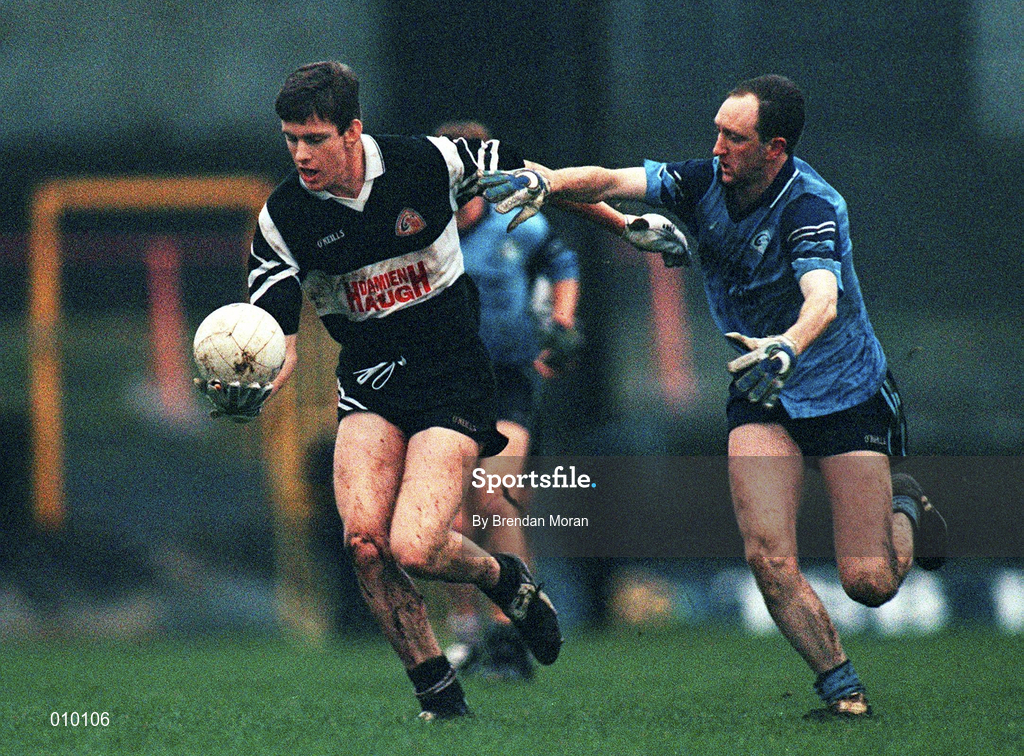 13 December 1998; Conor Whelan of Doonbeg is tackled by Kevin O'Connor of Moyle Rovers during the AIB Munster Senior Club Football Championship Final between Doonbeg and Moyle Rovers at the Gaelic Grounds in Limerick. Photo by Brendan Moran/Sportsfile