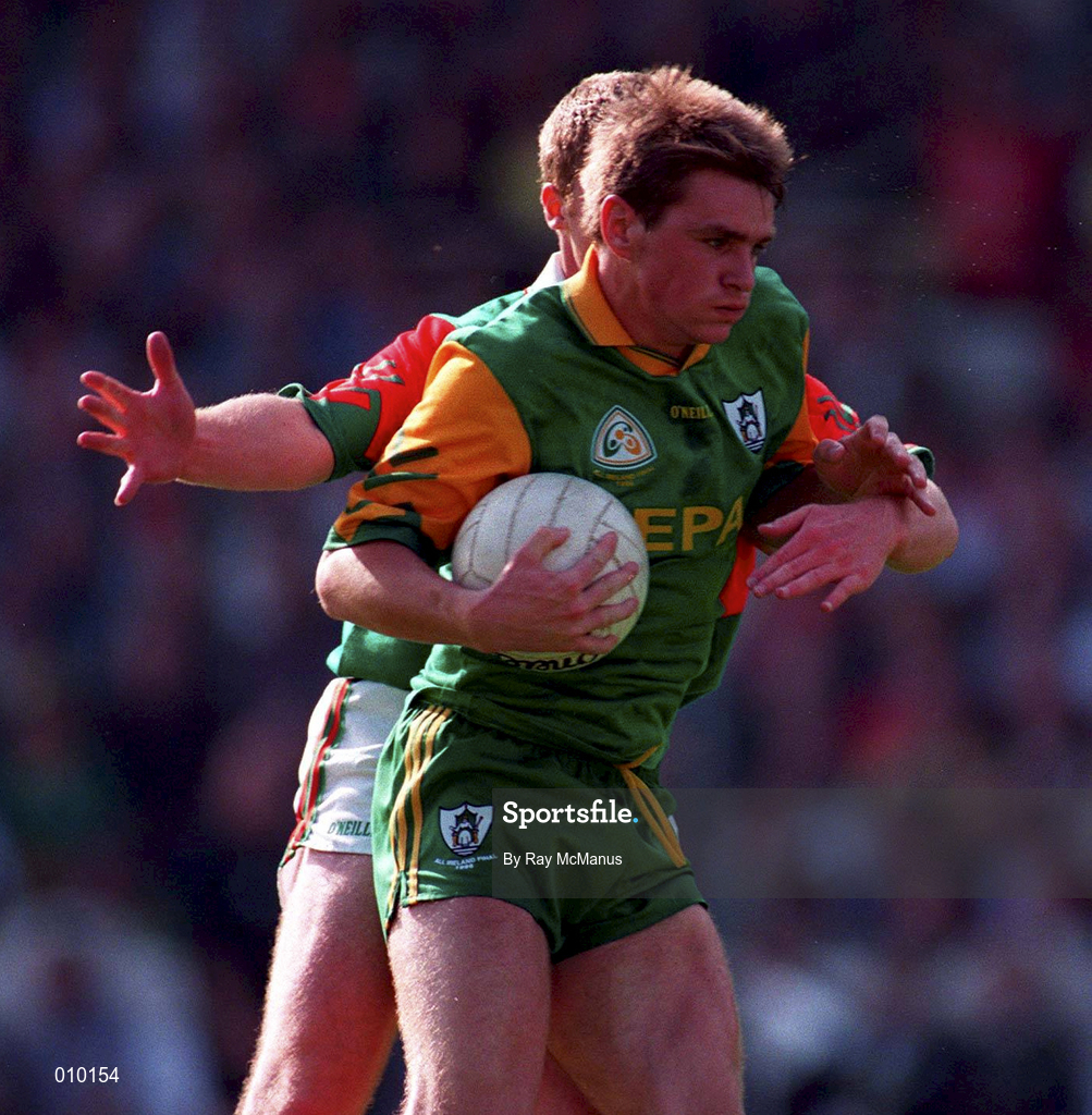 15 September 1996; Darren Fay of Meath holds possession under pressure from Ray Dempsey of Mayo during the Bank of Ireland All-Ireland Senior Football Championship Final between Meath and Mayo at Croke Park in Dublin. Photo by Ray McManus/Sportsfile