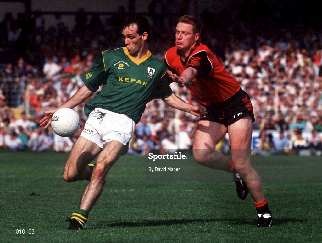 15 September 1991; David Beggy of Meath in action against Barry Breen of Down during the All-Ireland Senior Football Championship Final between Down and Meath at Croke Park in Dublin. Photo by David Maher/Sportsfile